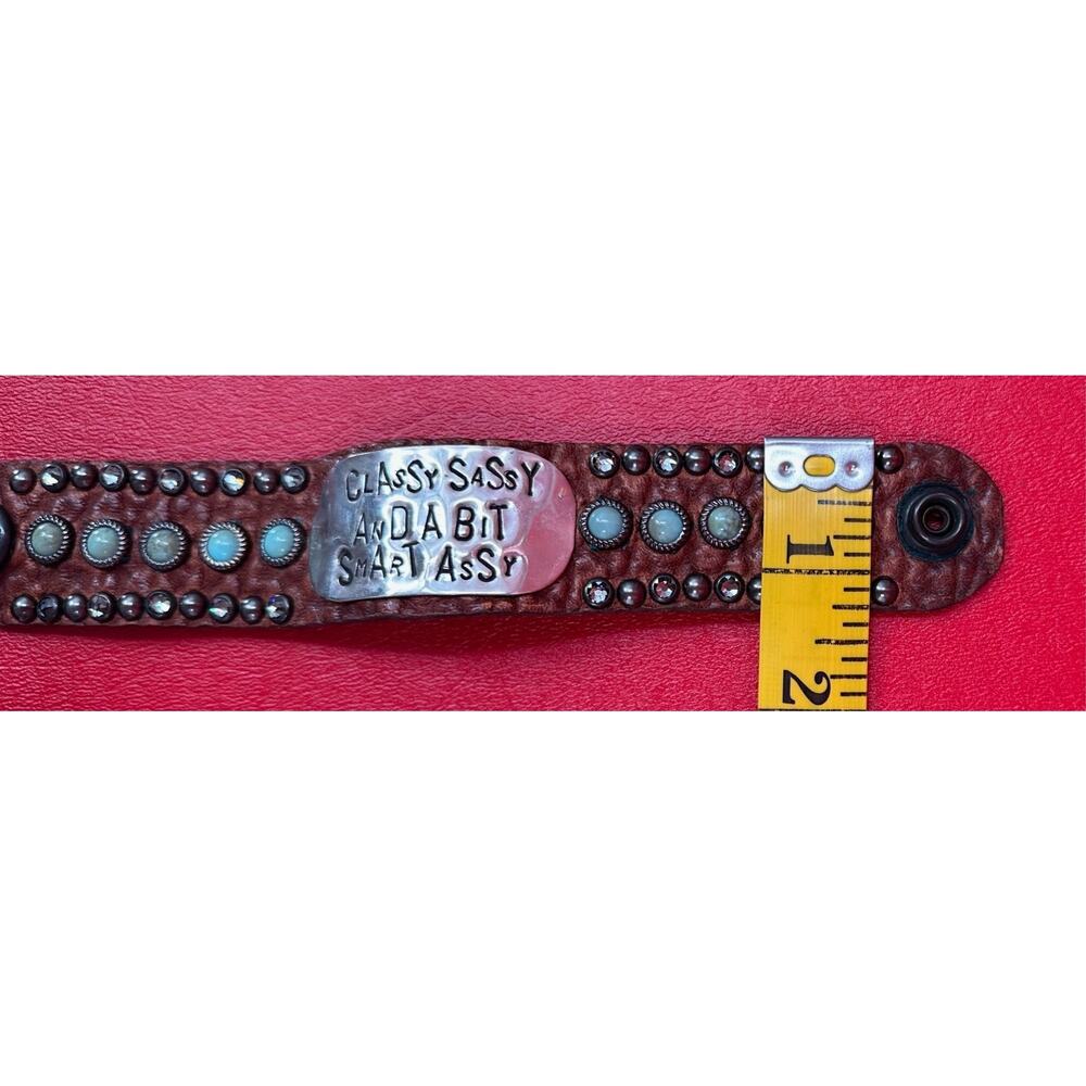 The Rowdy Cowgirl Leather Turquoise Rhinestone Classy Sassy Cuff Bracelet NWT - Picture 13 of 15